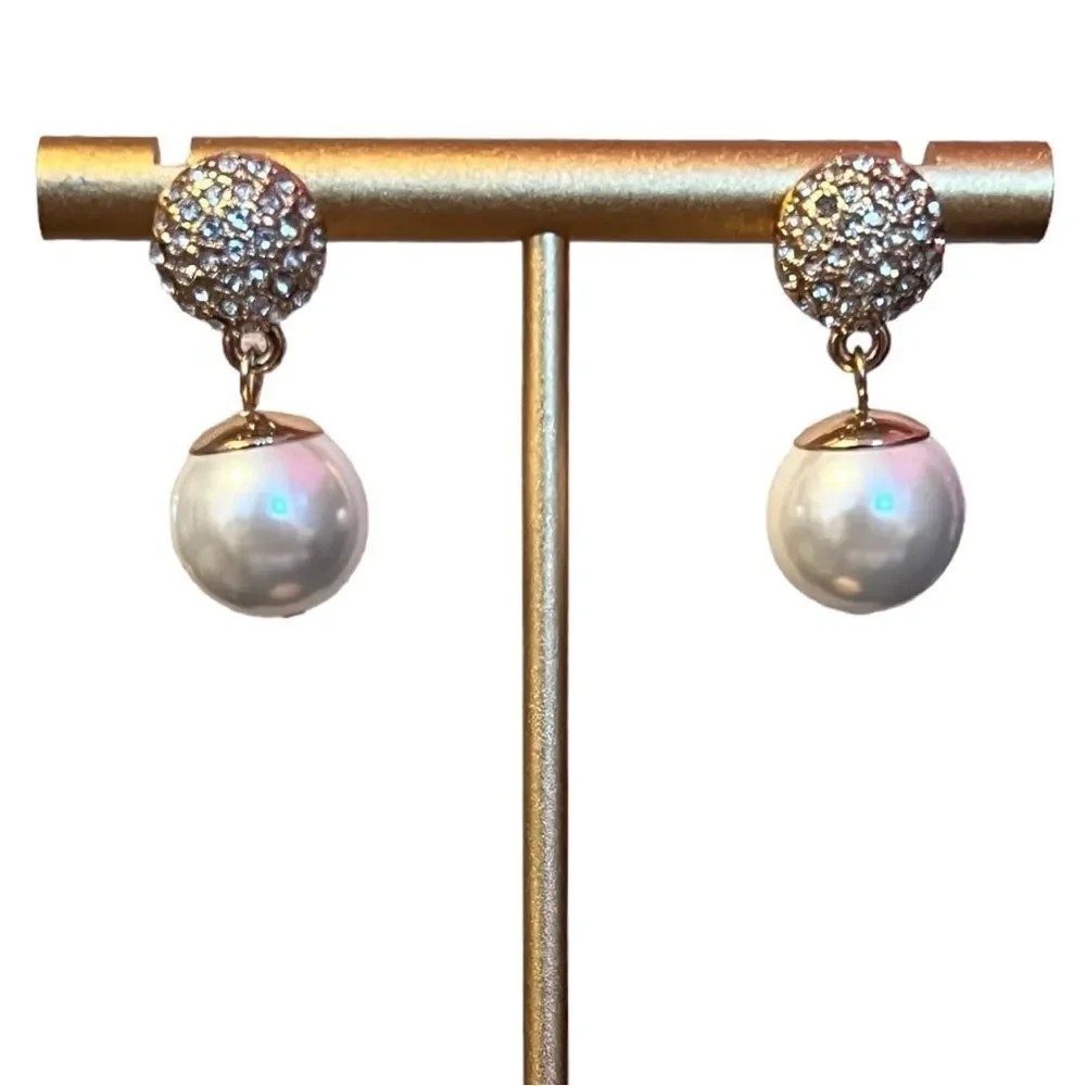 Rhinestone Pearl Gold Tone Dangle Earrings